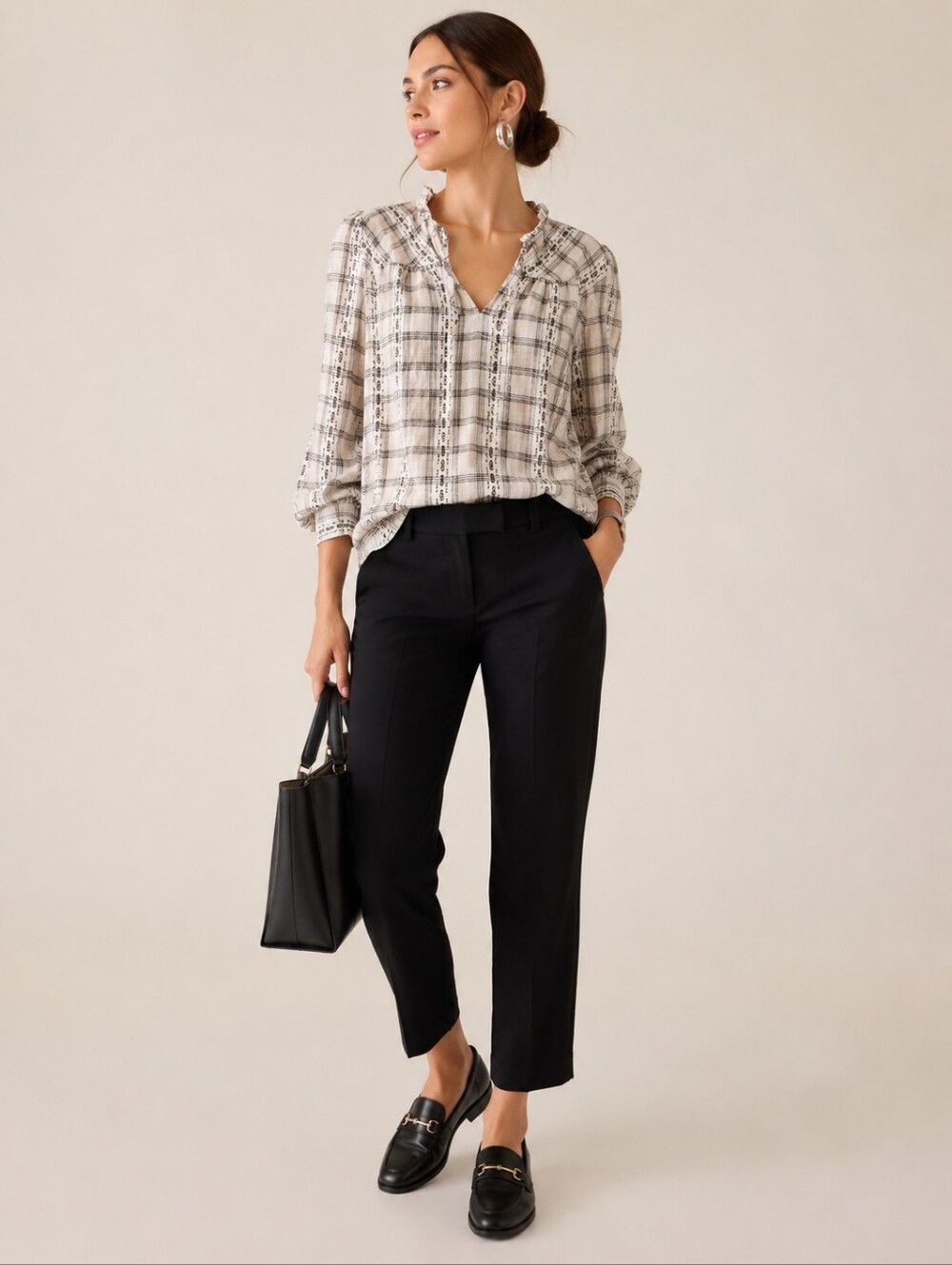 LOFT 100% Cotton Plaid Boho Peasant Top Petite Small Business Casual Blouse